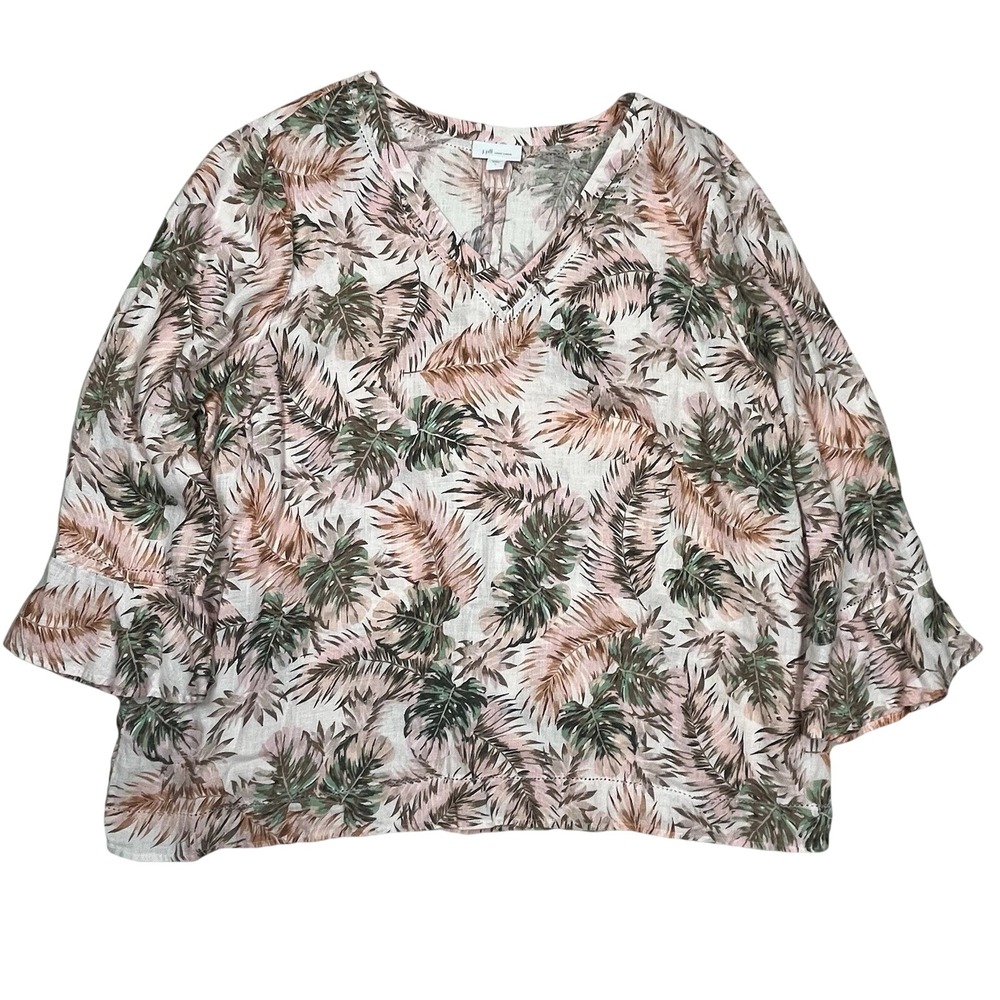 J.‎ Jill Love Linen Women's Floral V-Neck Blouse Size L 3/4 Flounce Sleeve Boho
